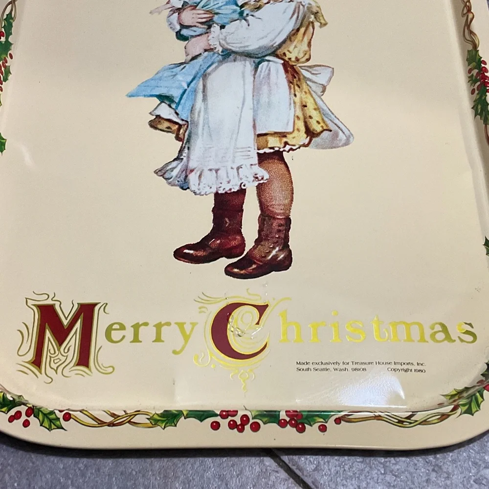 Vintage Christmas Tray with Girl and Doll
